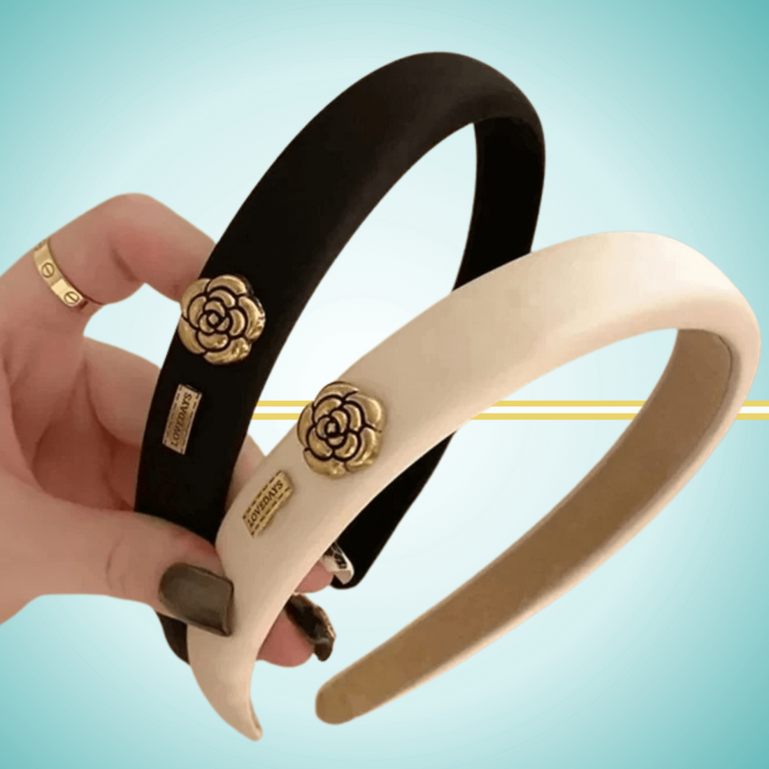 headbands in white and black for women with a golden rose detail