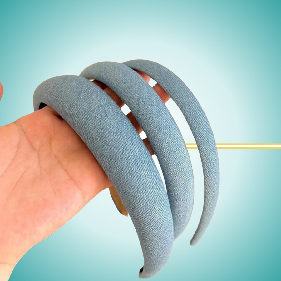 Three baby blue headbands displayed together - wide, medium, and skinny width options available separately.