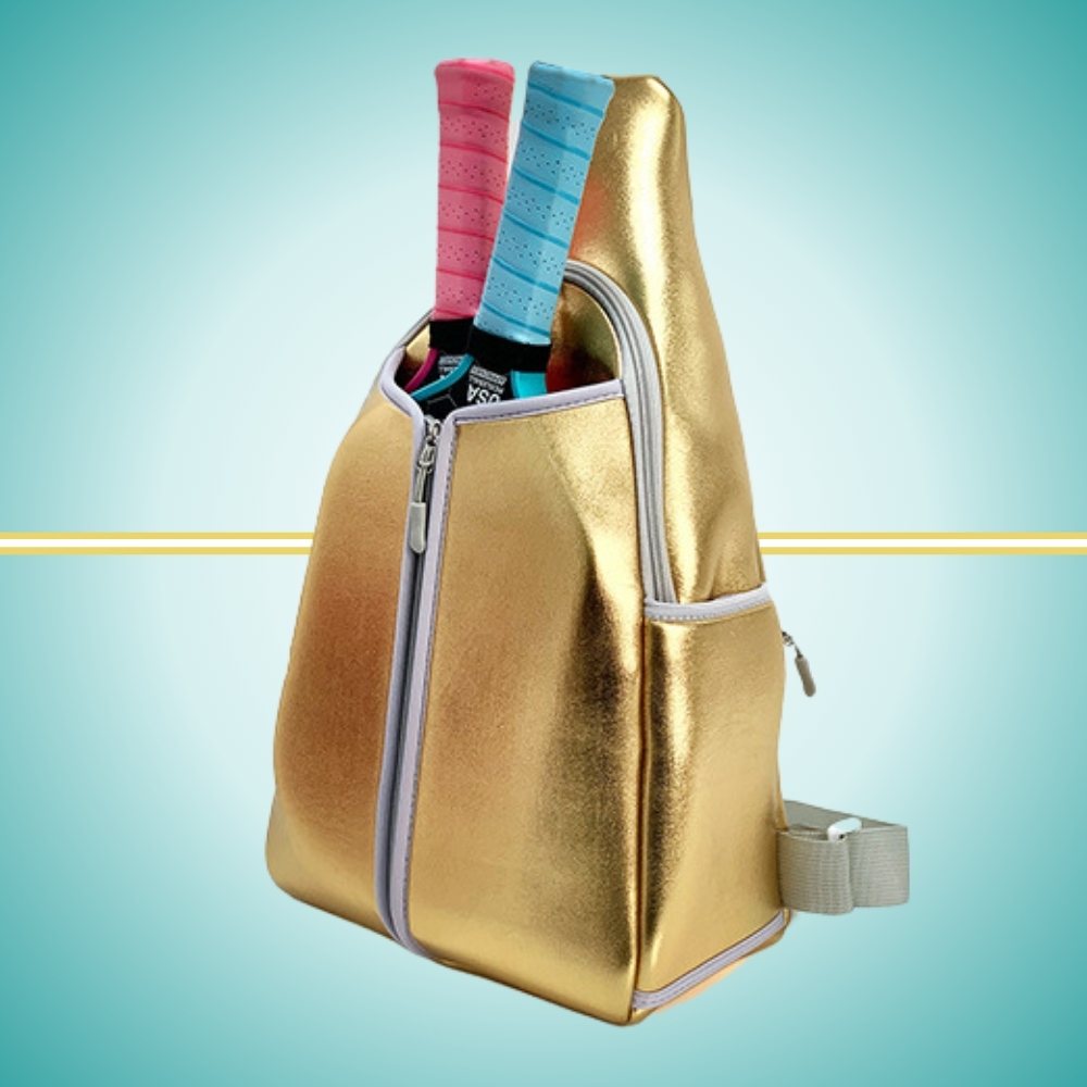 ladies elegant gold pickleball bag sling bag for women with two paddle case capacity on front