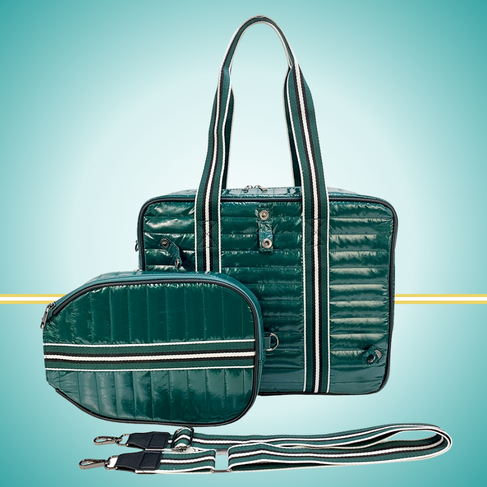Luxury pickleball puffer tote bag with innovative 2-in-1 design - detachable paddle cover connects with adjustable strap to transform into crossbody bag while main tote holds gear green