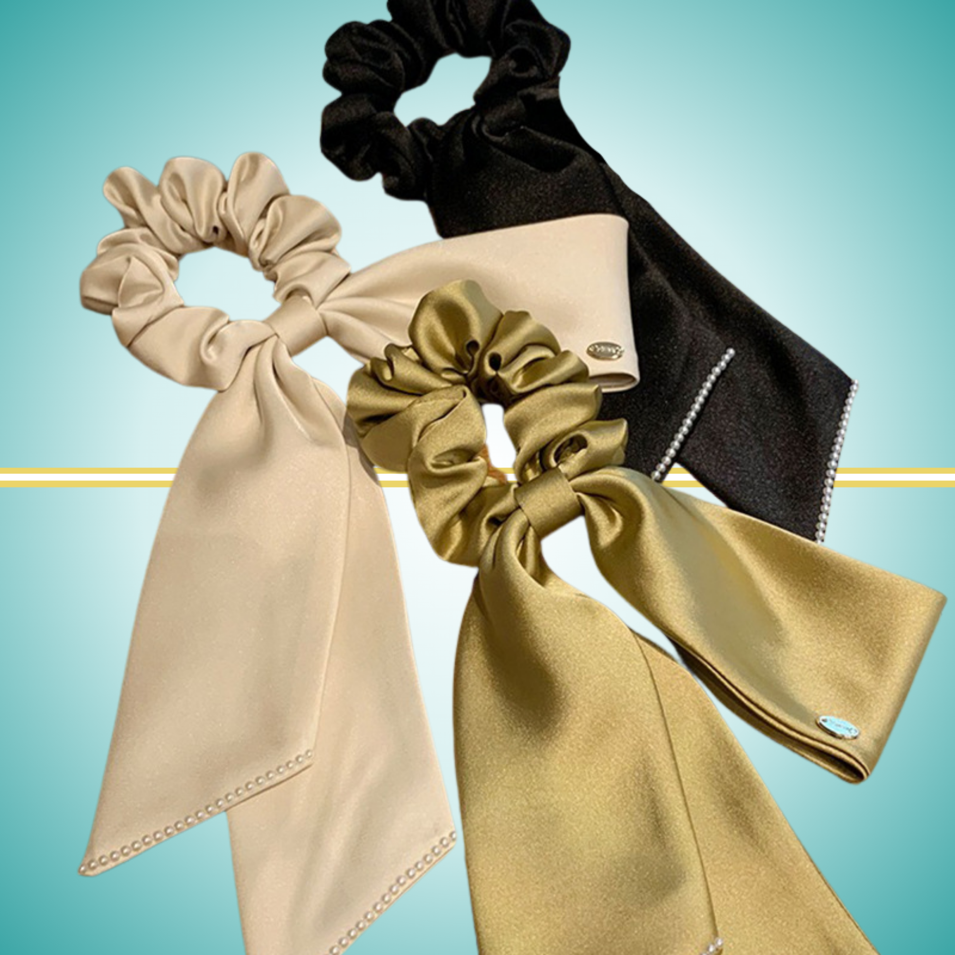 Elegant satin bow streamer hair tie with strong elastic rubber band for secure ponytails
