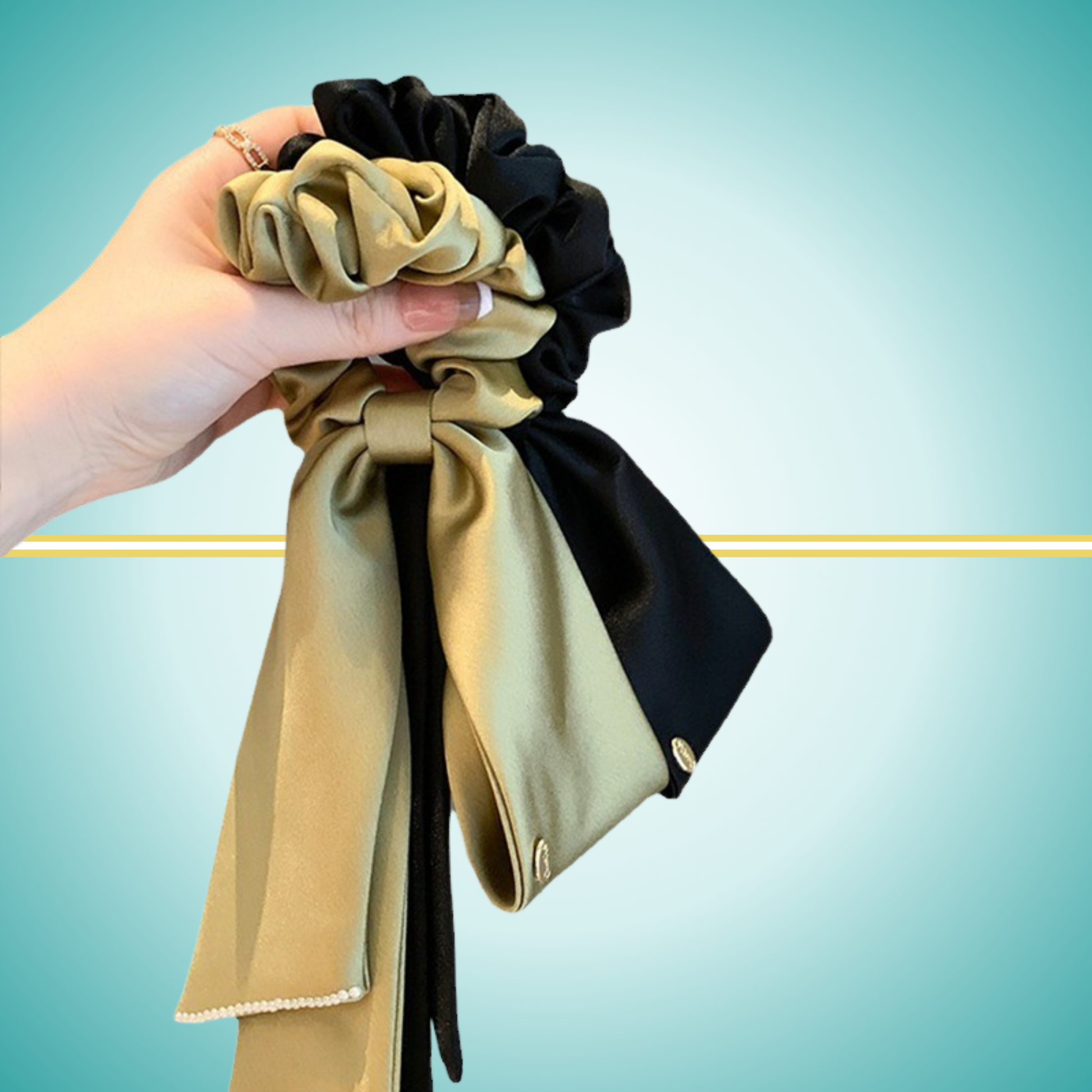 Elegant satin bow streamer hair tie with strong elastic rubber band for secure ponytails green