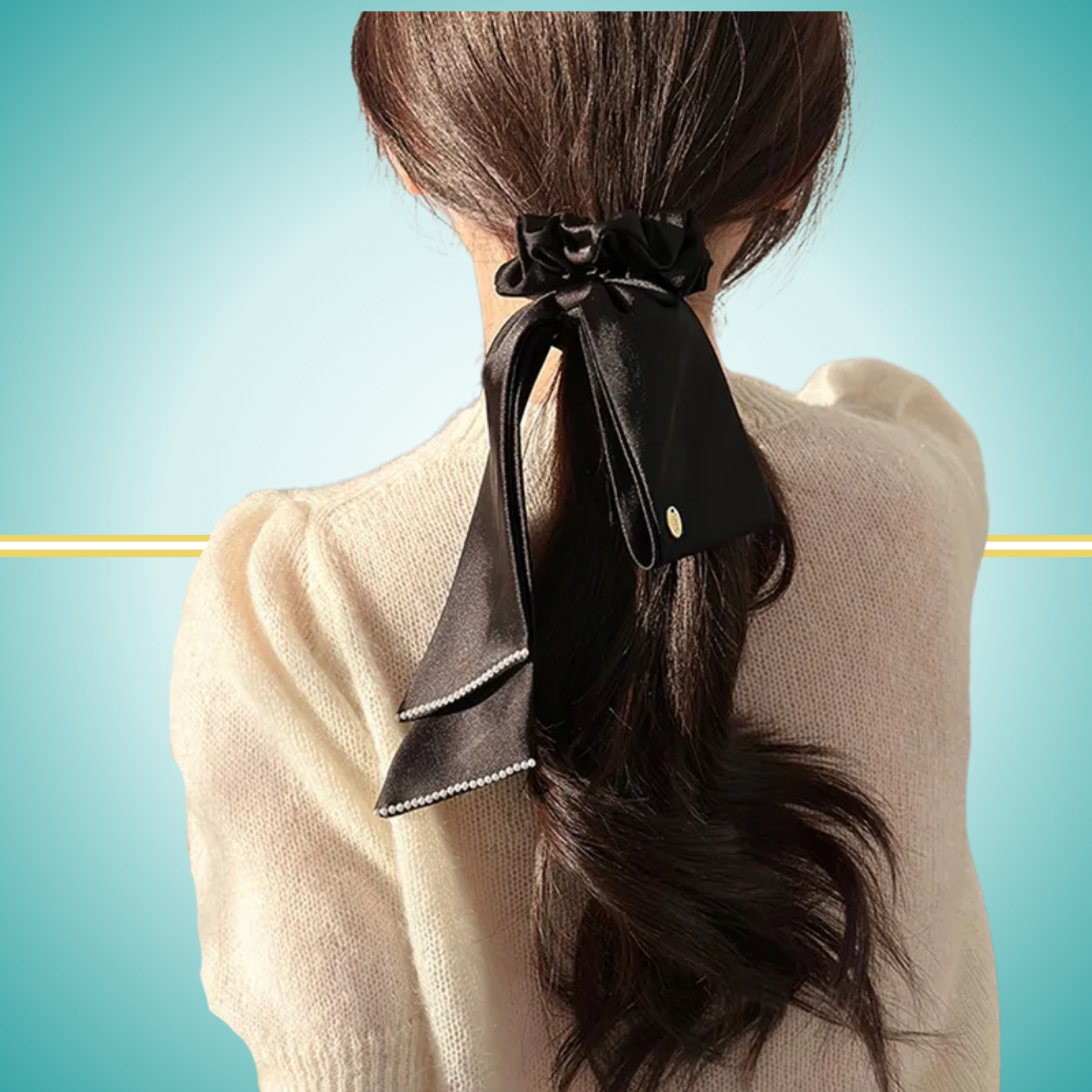 Elegant satin bow streamer hair tie with strong elastic rubber band for secure ponytails black
