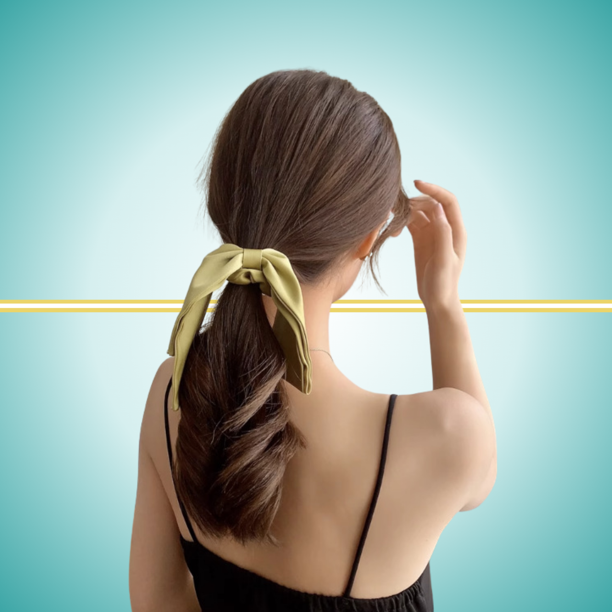 Elegant satin bow streamer hair tie with strong elastic rubber band for secure ponytails green