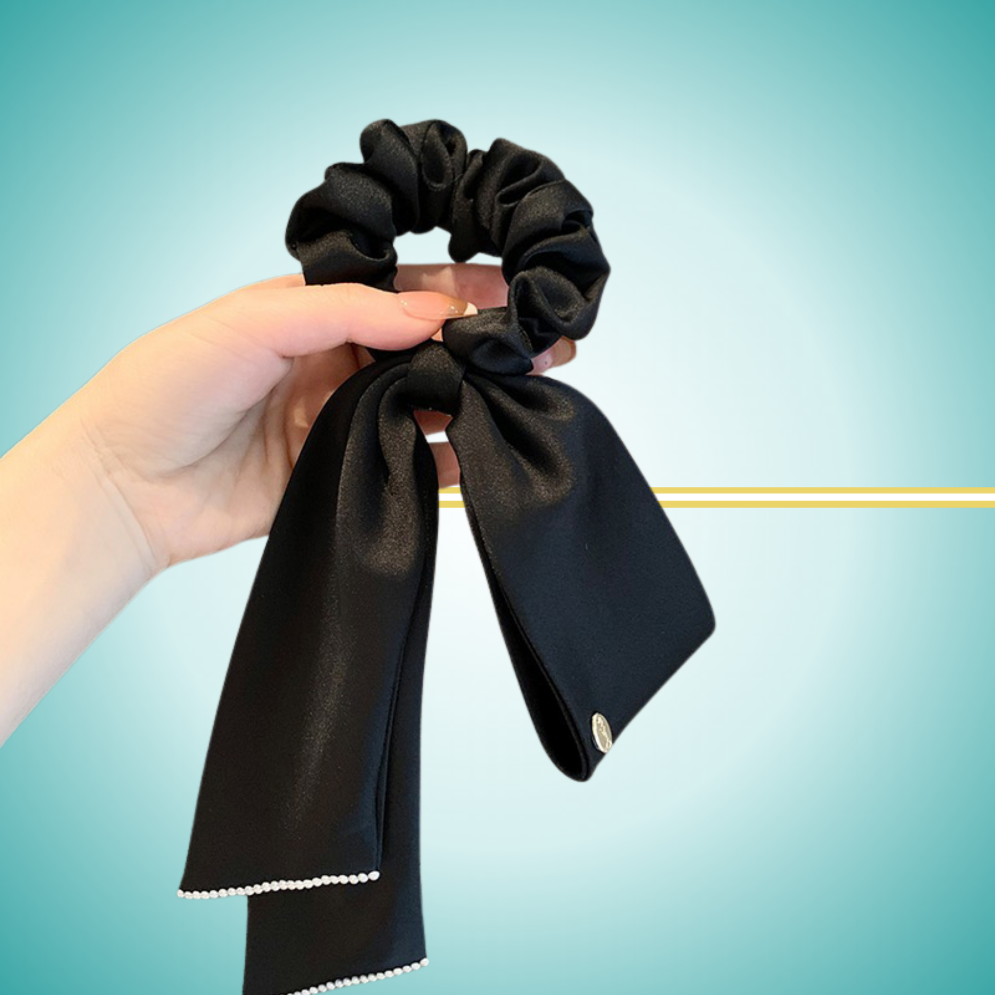 Elegant satin bow streamer hair tie with strong elastic rubber band for secure ponytails black