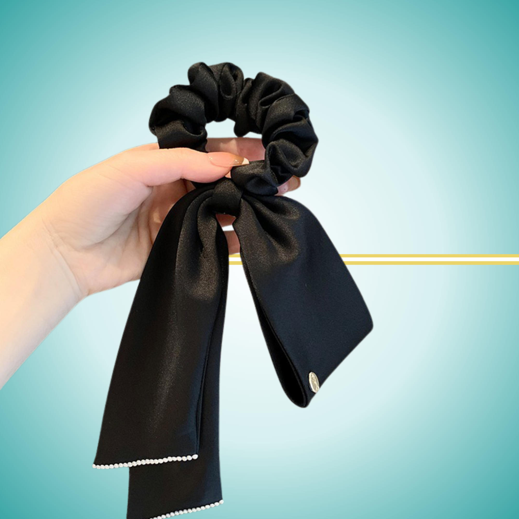 Elegant satin bow streamer hair tie with strong elastic rubber band for secure ponytails black
