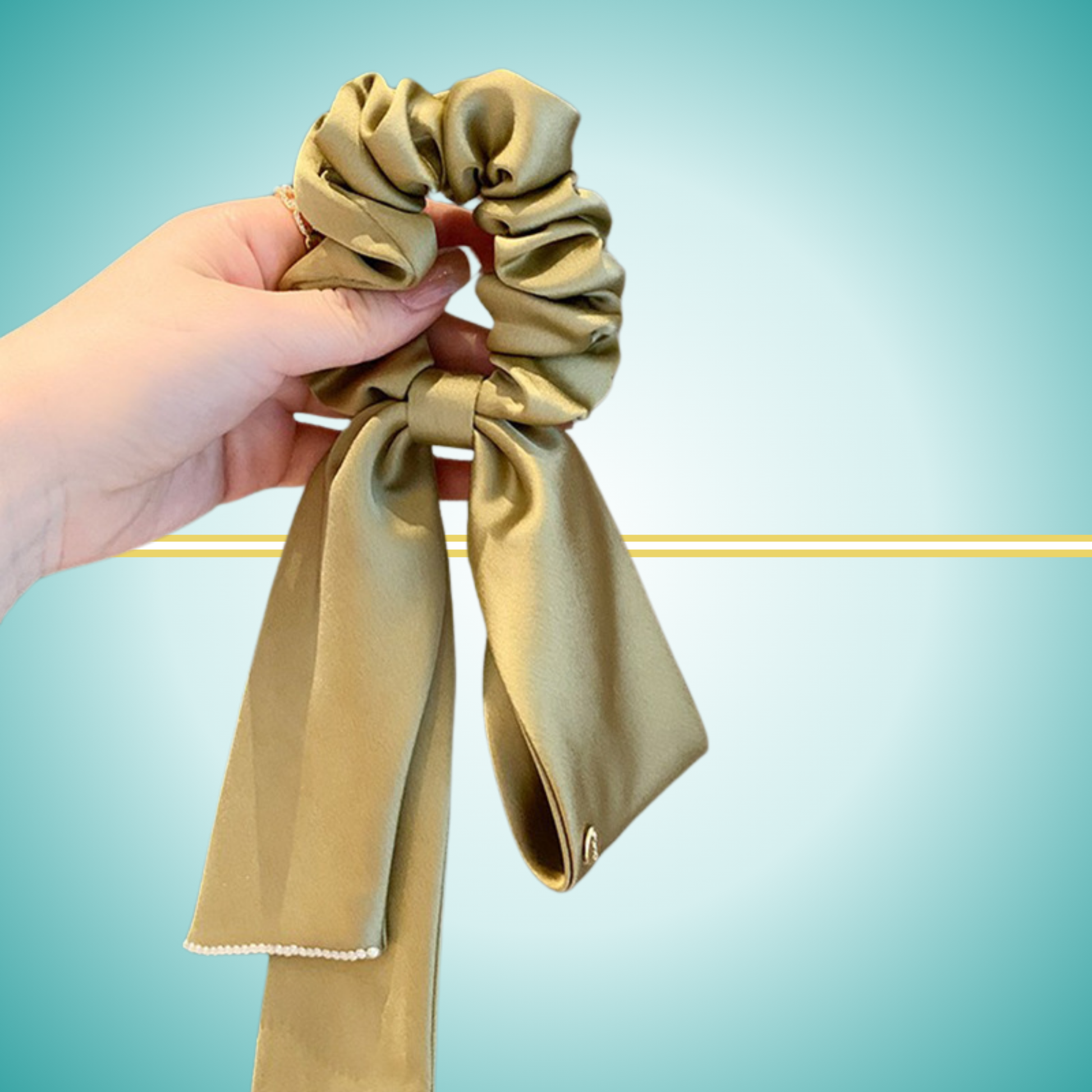 Elegant satin bow streamer hair tie with strong elastic rubber band for secure ponytails green