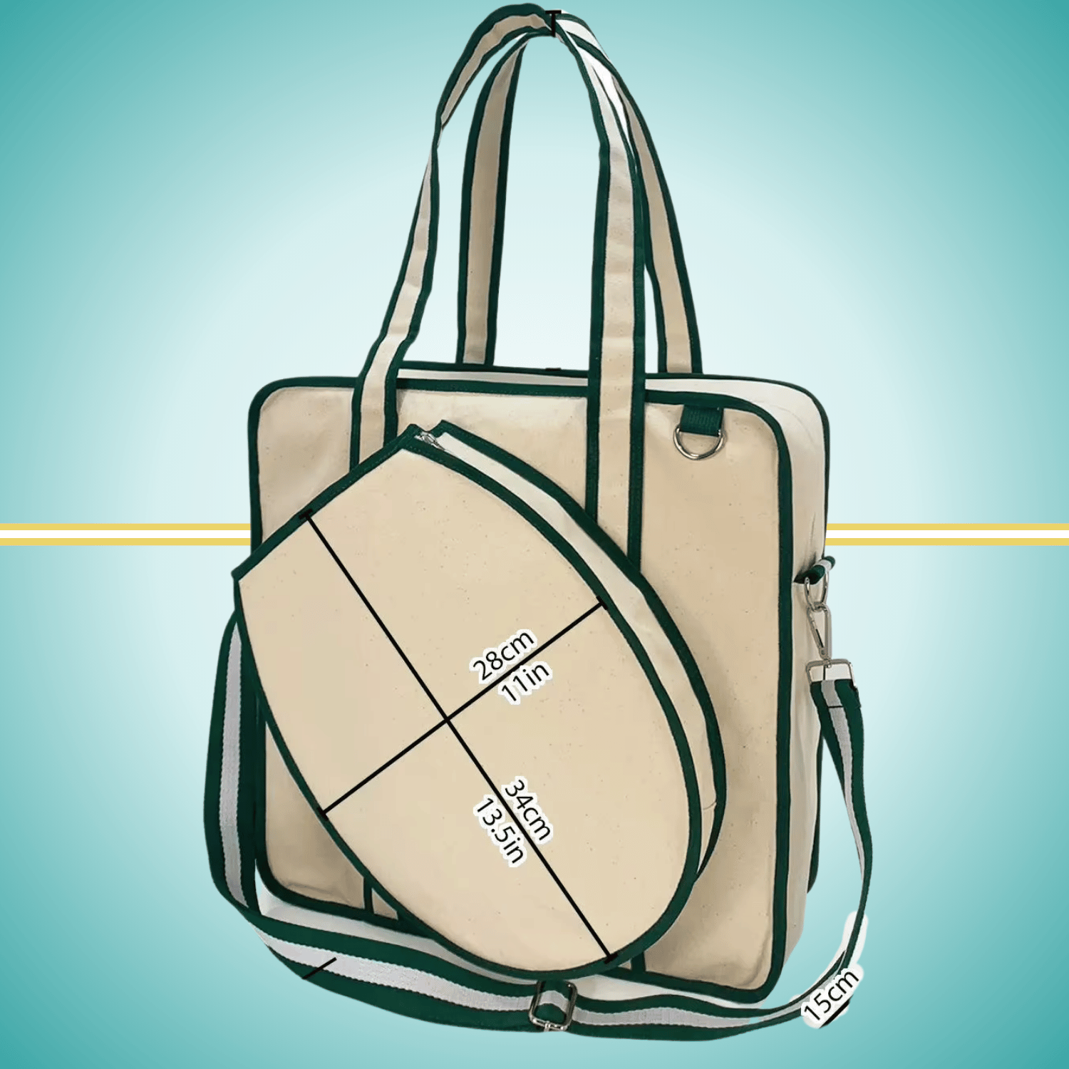 A vintage-inspired tennis tote bag for women, featuring an attached front racket case, an adjustable crossbody strap, and a crisp white design with classic green stripes.