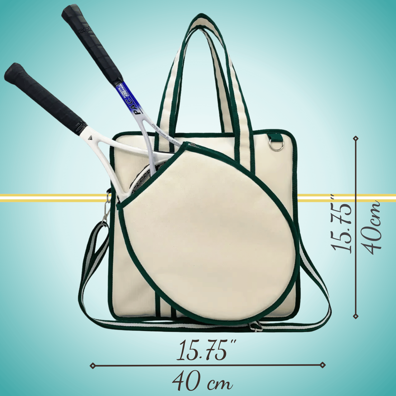A vintage-inspired tennis tote bag for women, featuring an attached front racket case, an adjustable crossbody strap, and a crisp white design with classic green details.
