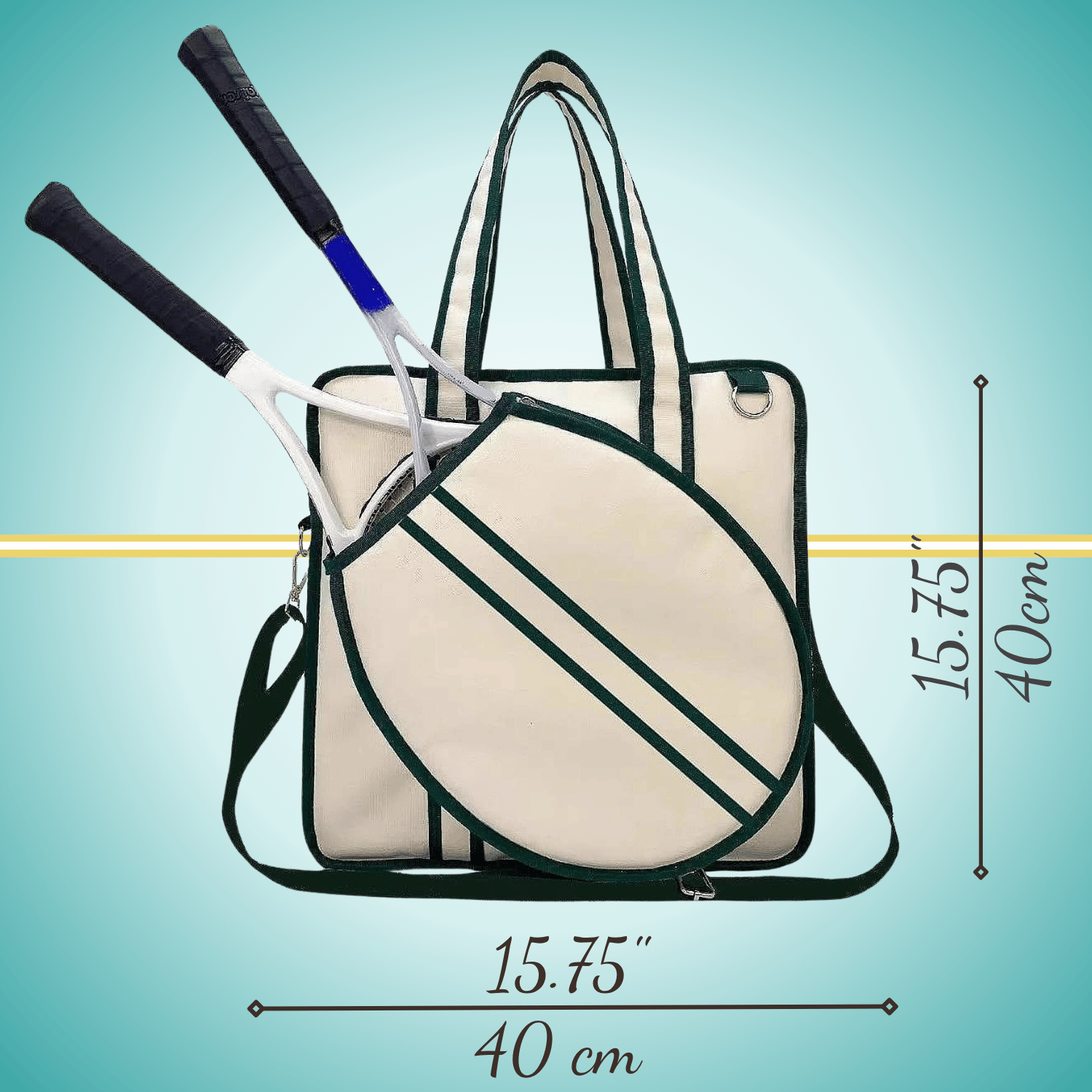 A vintage-inspired tennis tote bag for women, featuring an attached front racket case, an adjustable crossbody strap, and a crisp white design with classic green stripes.