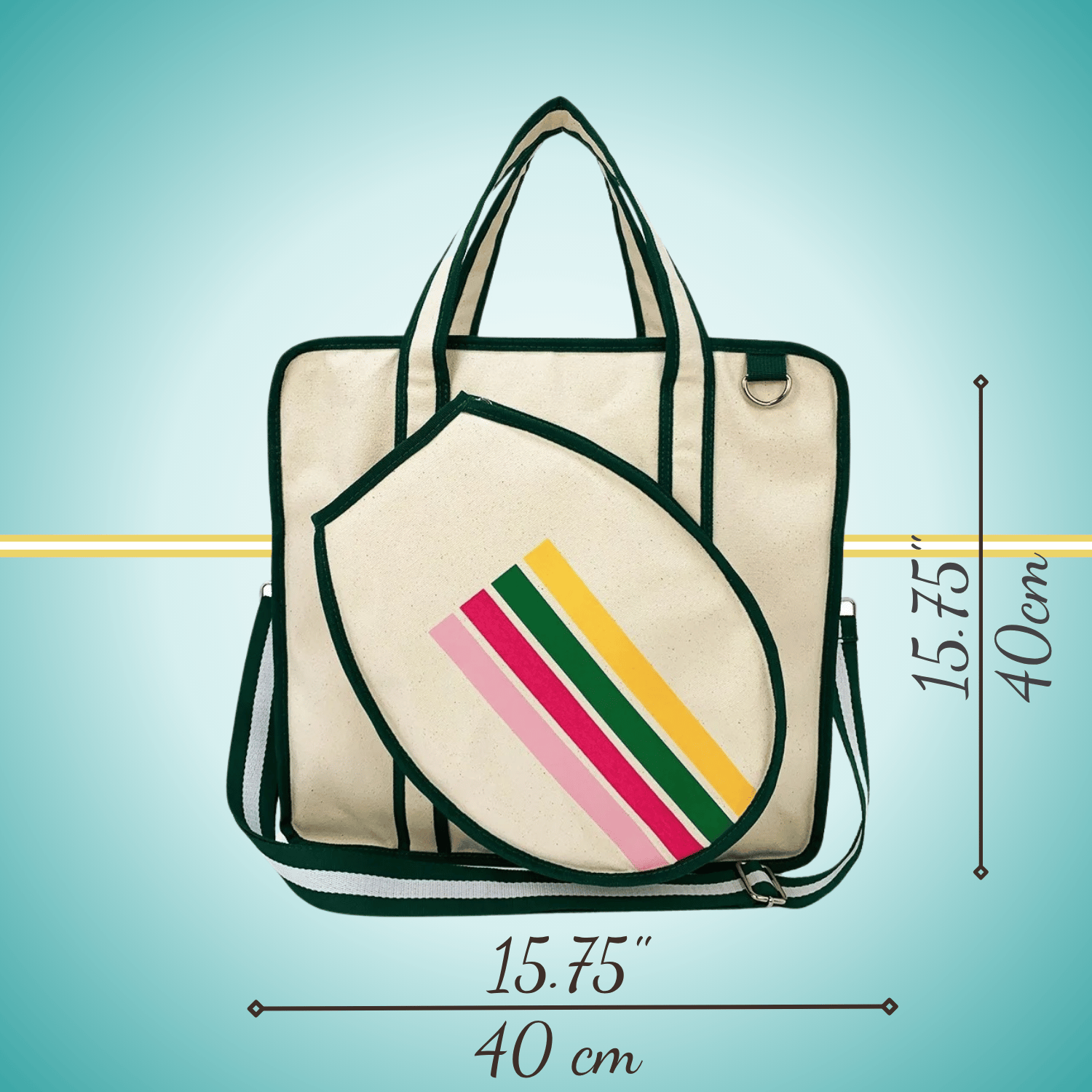 A vintage-inspired tennis tote bag for women, featuring an attached front racket case, an adjustable crossbody strap, and a crisp white design with classic stripes yellow,pink and green.