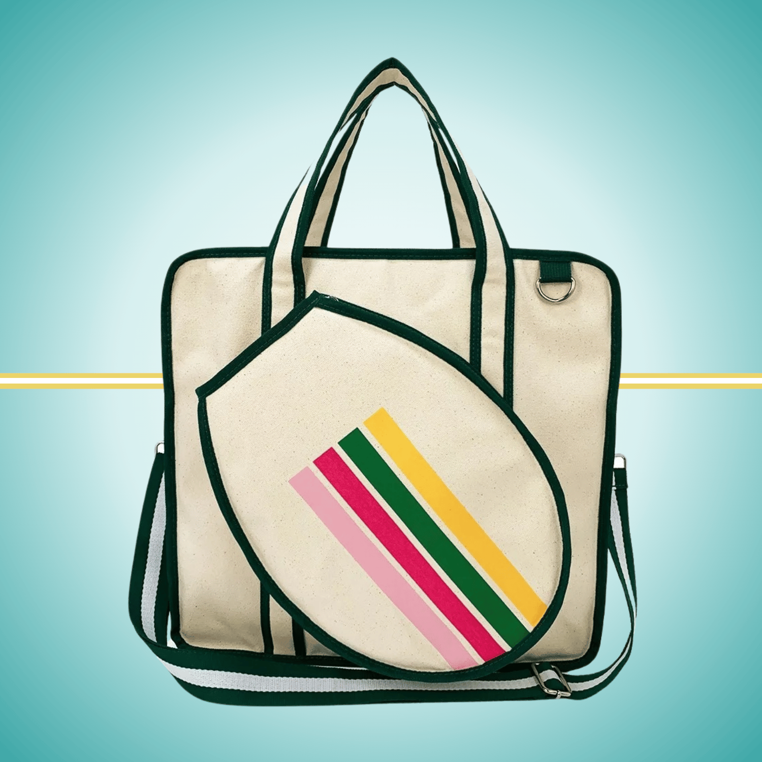 A vintage-inspired tennis tote bag for women, featuring an attached front racket case, an adjustable crossbody strap, and a crisp white design with classic stripes yellow,pink and green.