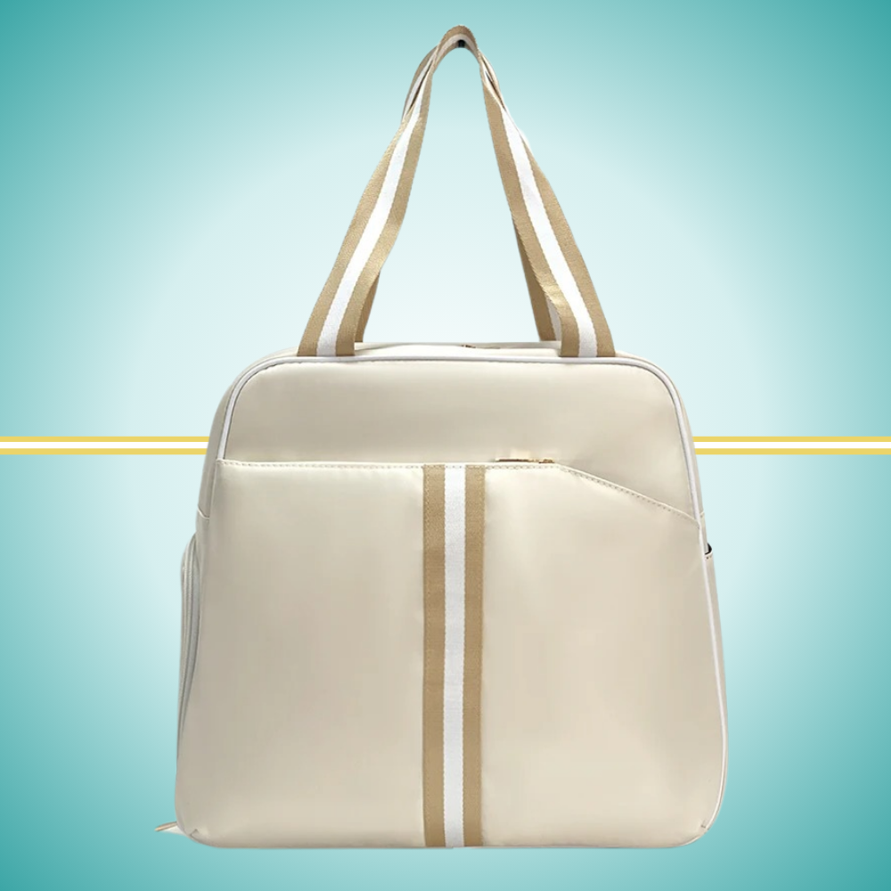 pickleball backpack featuring dedicated shoe compartment and convenient two-paddle capacity cover in front pocket beige