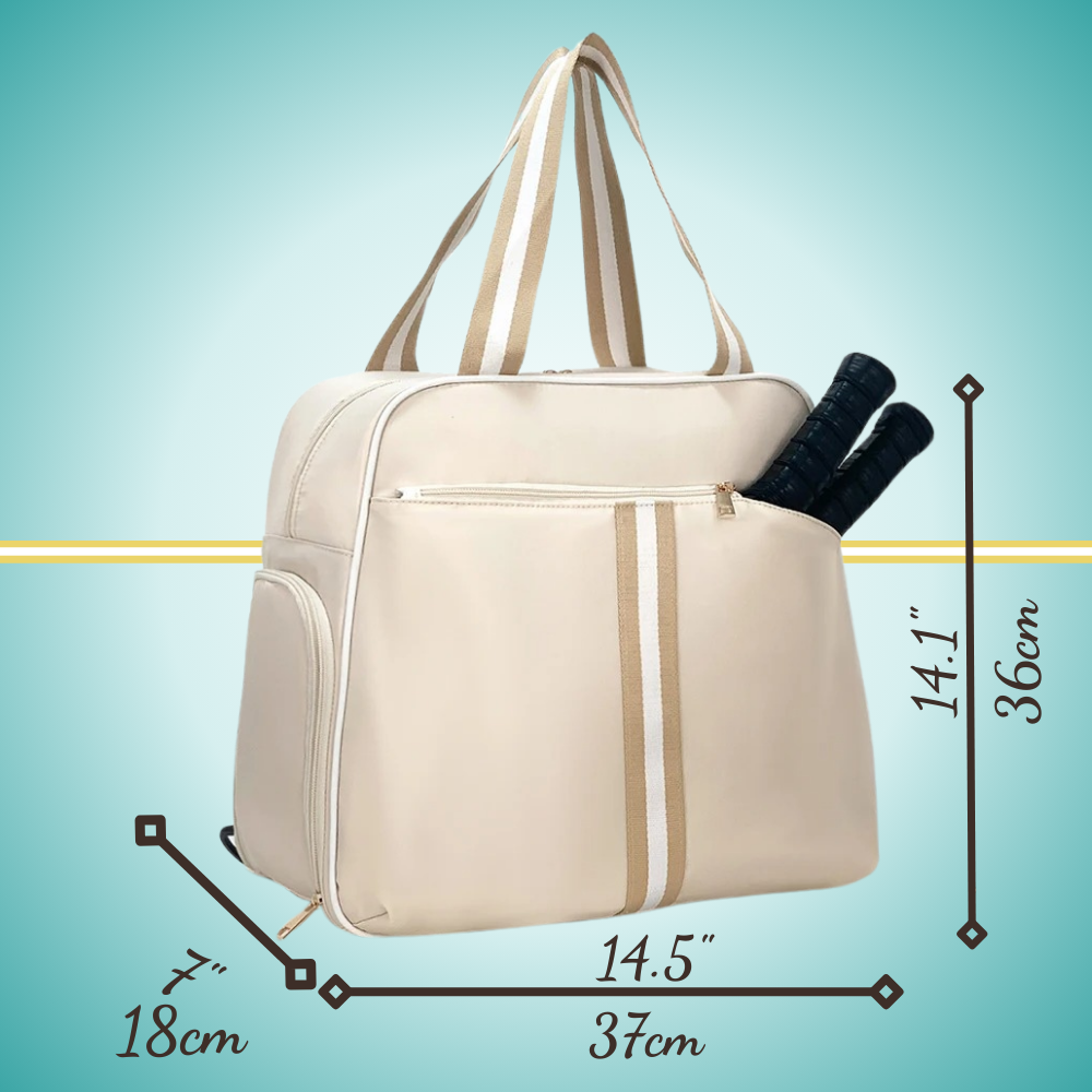 pickleball backpack featuring dedicated shoe compartment and convenient two-paddle capacity cover in front pocket beige