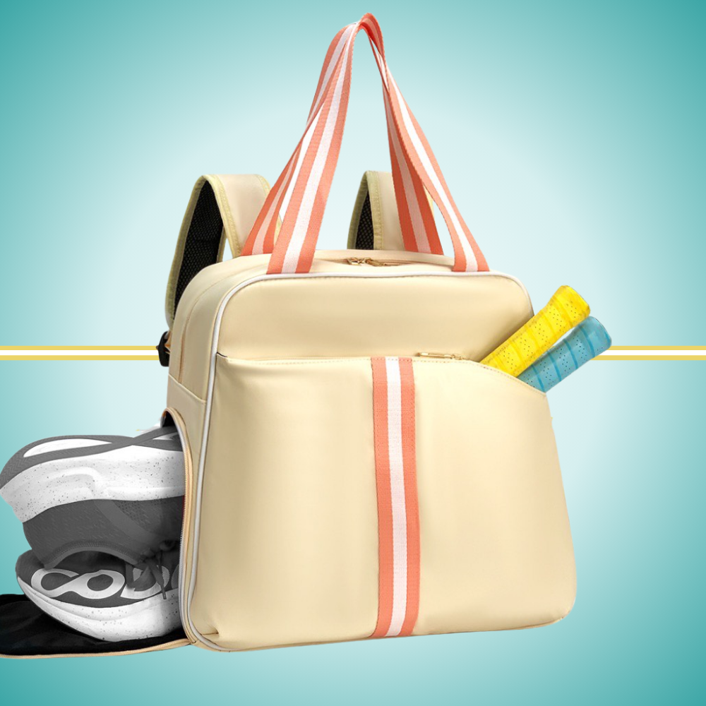 pickleball backpack featuring dedicated shoe compartment and convenient two-paddle capacity cover in front pocket yellow