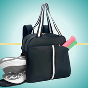 pickleball backpack featuring dedicated shoe compartment and convenient two-paddle capacity cover in front pocket black