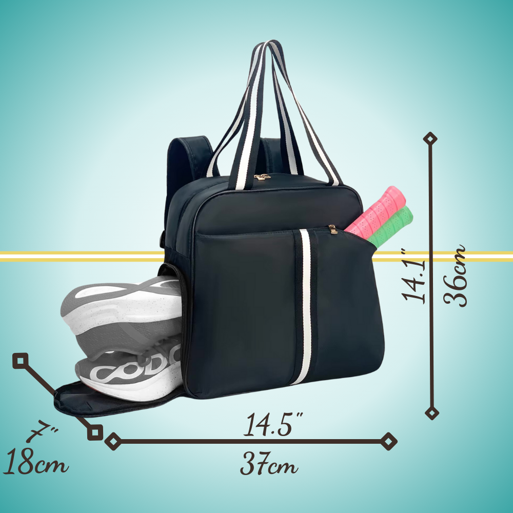 pickleball backpack featuring dedicated shoe compartment and convenient two-paddle capacity cover in front pocket black