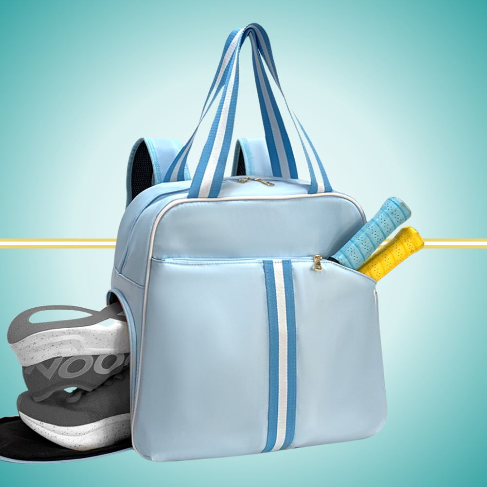 pickleball backpack featuring dedicated shoe compartment and convenient two-paddle capacity cover in front pocket blue