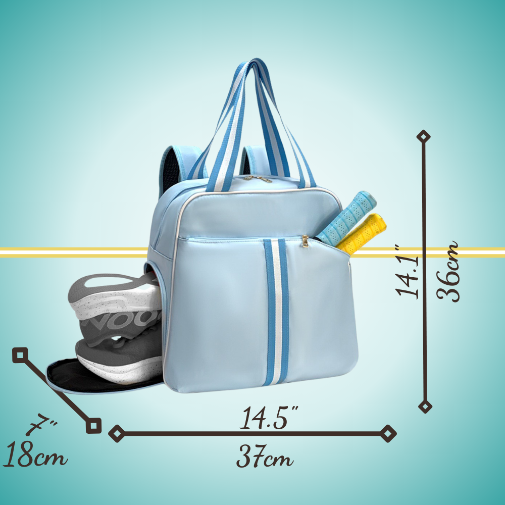 pickleball backpack featuring dedicated shoe compartment and convenient two-paddle capacity cover in front pocket blue