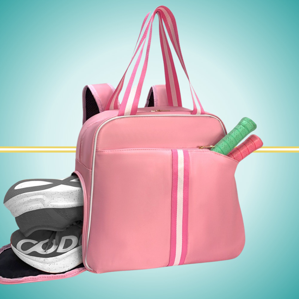 pickleball backpack featuring dedicated shoe compartment and convenient two-paddle capacity cover in front pocket pink