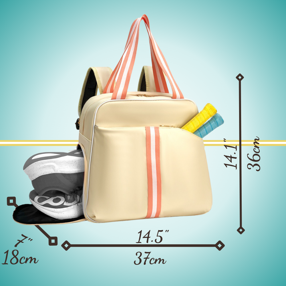 pickleball backpack featuring dedicated shoe compartment and convenient two-paddle capacity cover in front pocket yellow