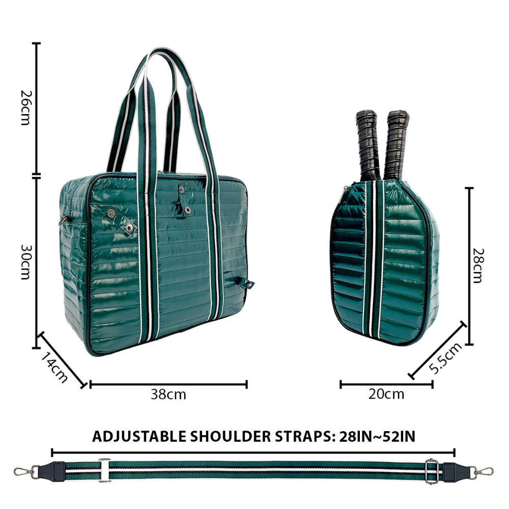 Luxury pickleball puffer tote bag with innovative 2-in-1 design - detachable paddle cover connects with adjustable strap to transform into crossbody bag while main tote holds gear green