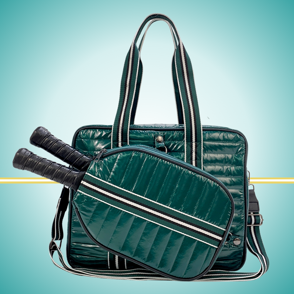 Luxury pickleball puffer tote bag with innovative 2-in-1 design - detachable paddle cover connects with adjustable strap to transform into crossbody bag while main tote holds gear green