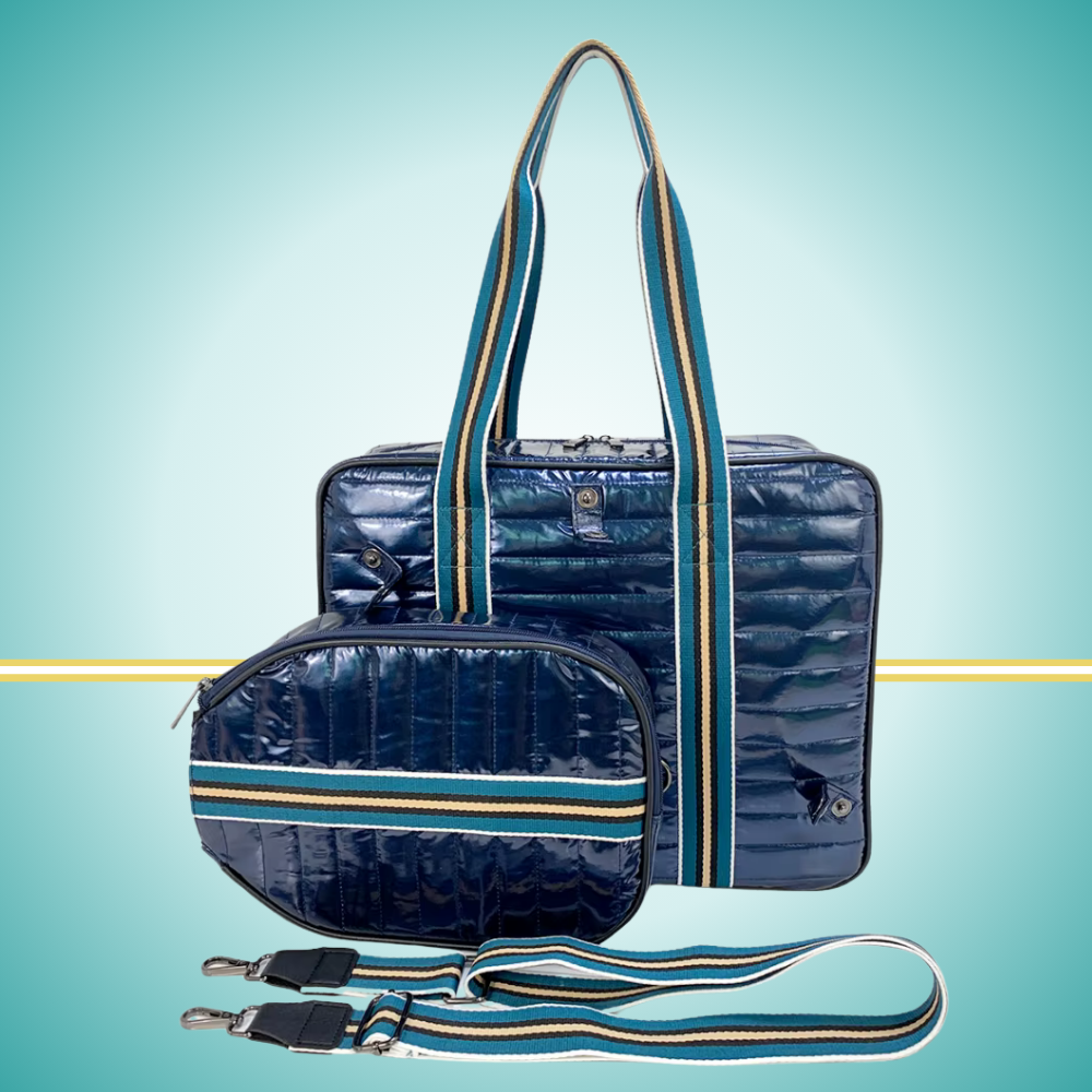 Luxury pickleball puffer tote bag with innovative 2-in-1 design - detachable paddle cover connects with adjustable strap to transform into crossbody bag while main tote holds gear navy