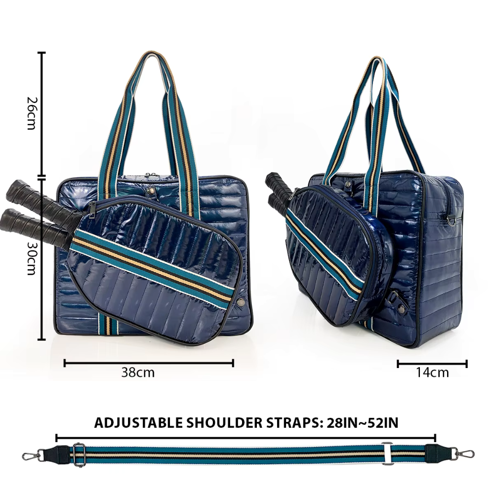 Luxury pickleball puffer tote bag with innovative 2-in-1 design - detachable paddle cover connects with adjustable strap to transform into crossbody bag while main tote holds gear navy