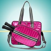 Luxury pickleball puffer tote bag with innovative 2-in-1 design - detachable paddle cover connects with adjustable strap to transform into crossbody bag while main tote holds gear pink