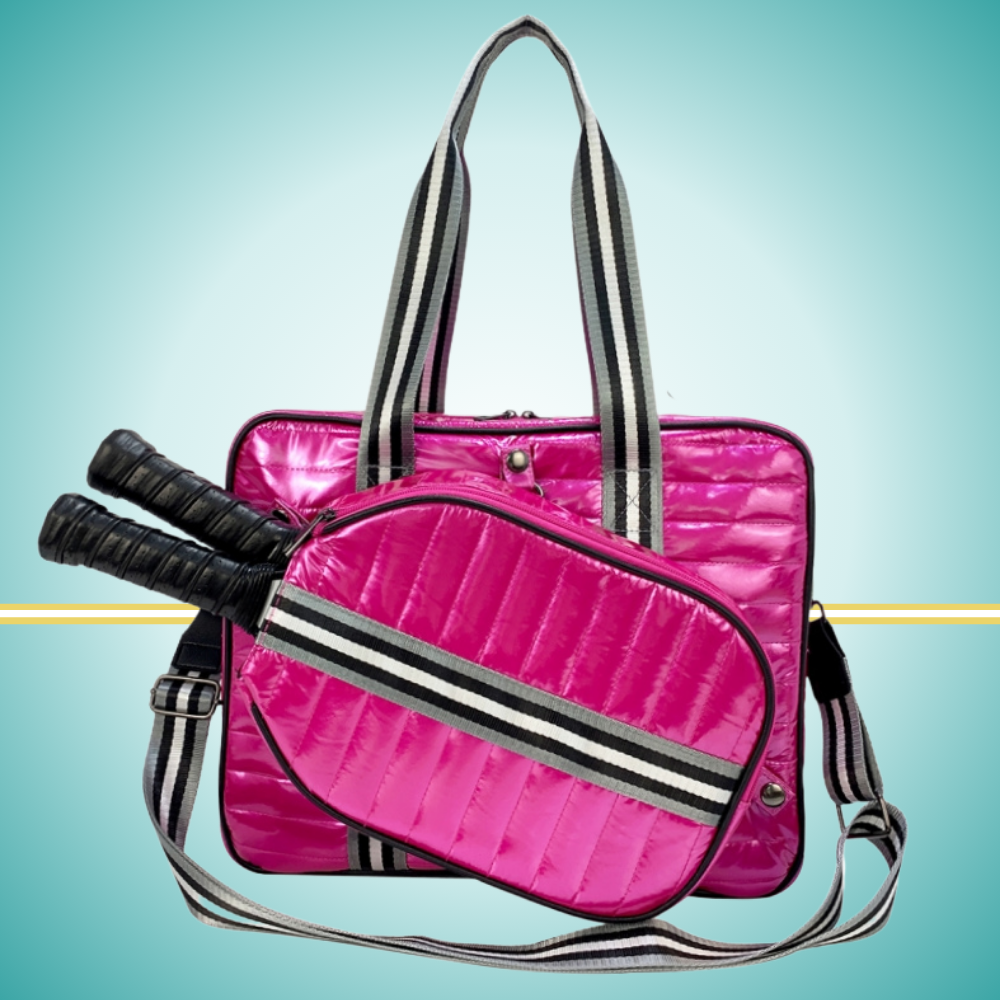 Luxury pickleball puffer tote bag with innovative 2-in-1 design - detachable paddle cover connects with adjustable strap to transform into crossbody bag while main tote holds gear pink