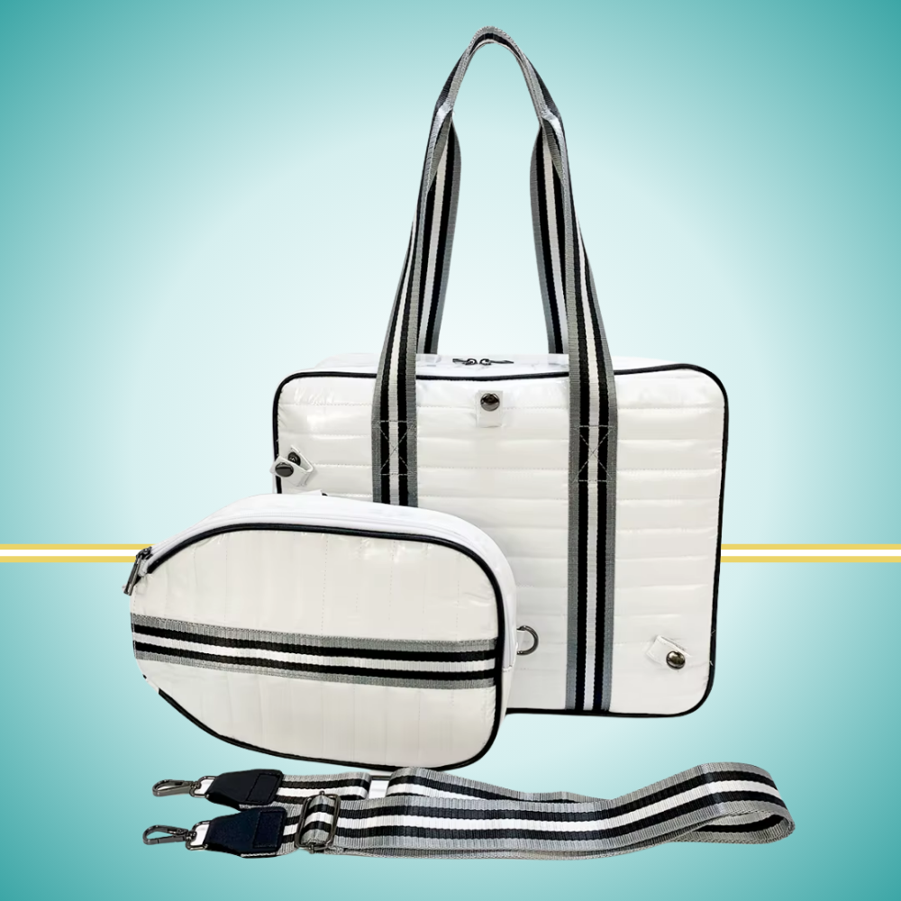 Luxury pickleball puffer tote bag with innovative 2-in-1 design - detachable paddle cover connects with adjustable strap to transform into crossbody bag while main tote holds gear white