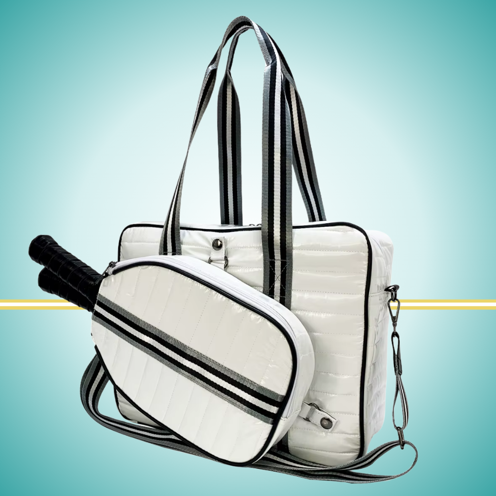 Luxury pickleball puffer tote bag with innovative 2-in-1 design - detachable paddle cover connects with adjustable strap to transform into crossbody bag while main tote holds gear white