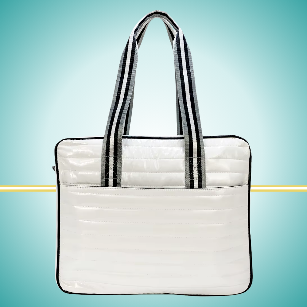 Luxury pickleball puffer tote bag with innovative 2-in-1 design - detachable paddle cover connects with adjustable strap to transform into crossbody bag while main tote holds gear white