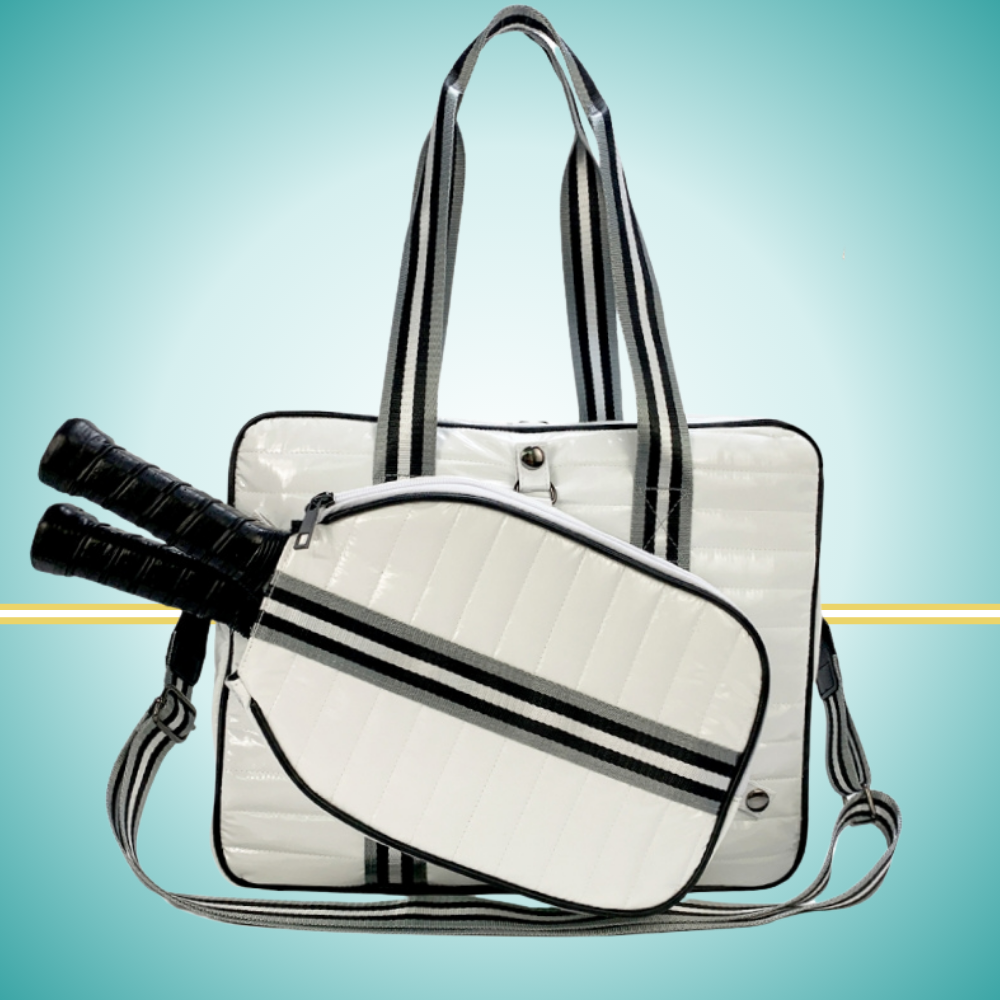 Luxury pickleball puffer tote bag with innovative 2-in-1 design - detachable paddle cover connects with adjustable strap to transform into crossbody bag while main tote holds gear white