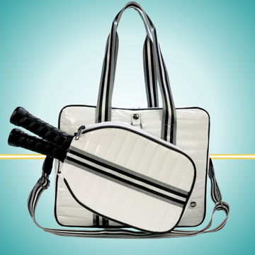 Luxury pickleball puffer tote bag with innovative 2-in-1 design - detachable paddle cover connects with adjustable strap to transform into crossbody bag while main tote holds gear white