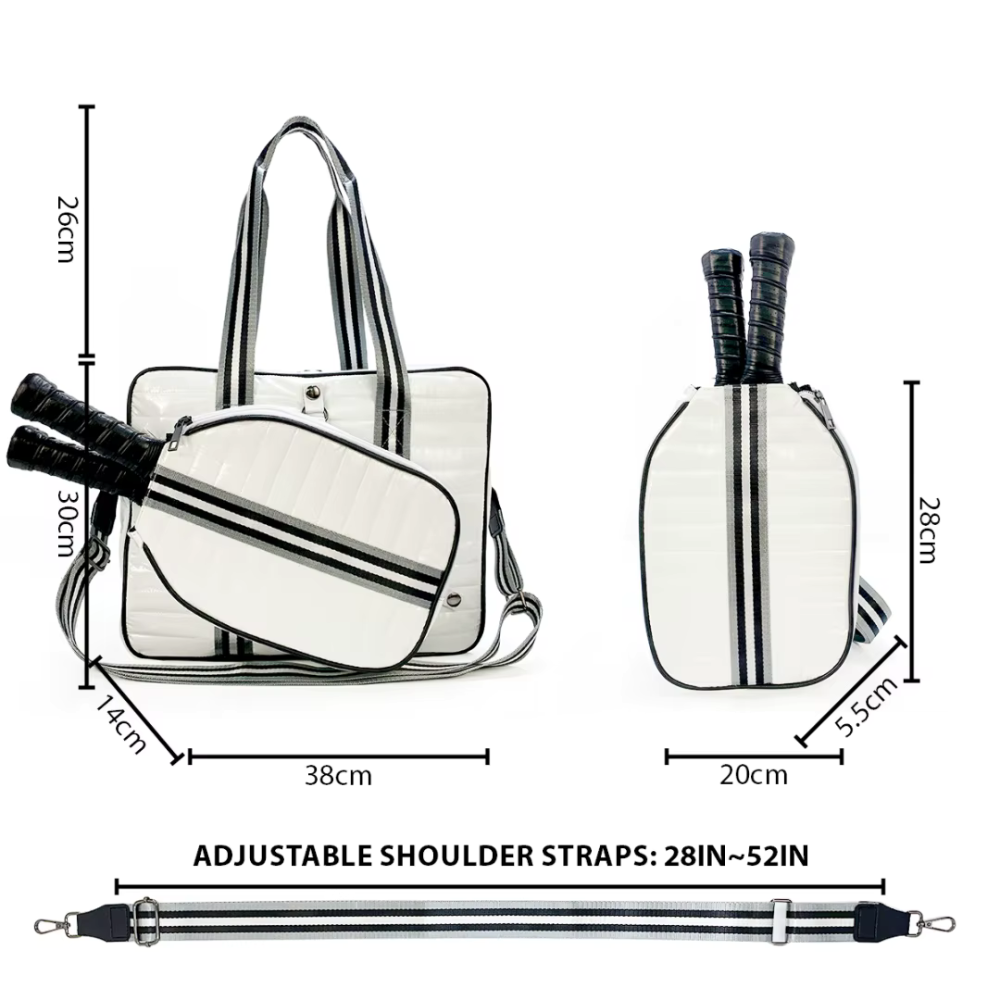 Luxury pickleball puffer tote bag with innovative 2-in-1 design - detachable paddle cover connects with adjustable strap to transform into crossbody bag while main tote holds gear white