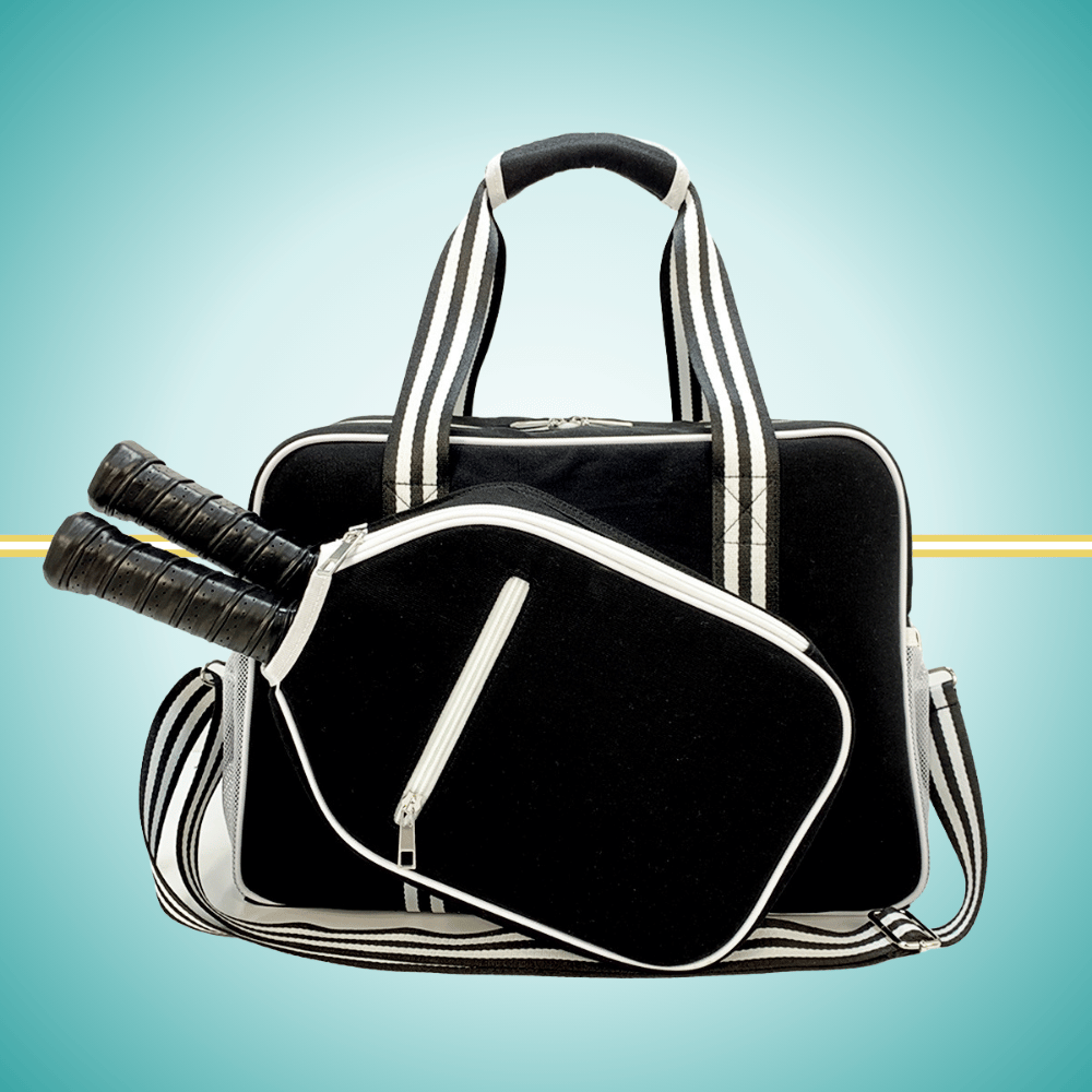 Black Pickleball Tote Bag for Women with two-paddle storage case, shown from front view