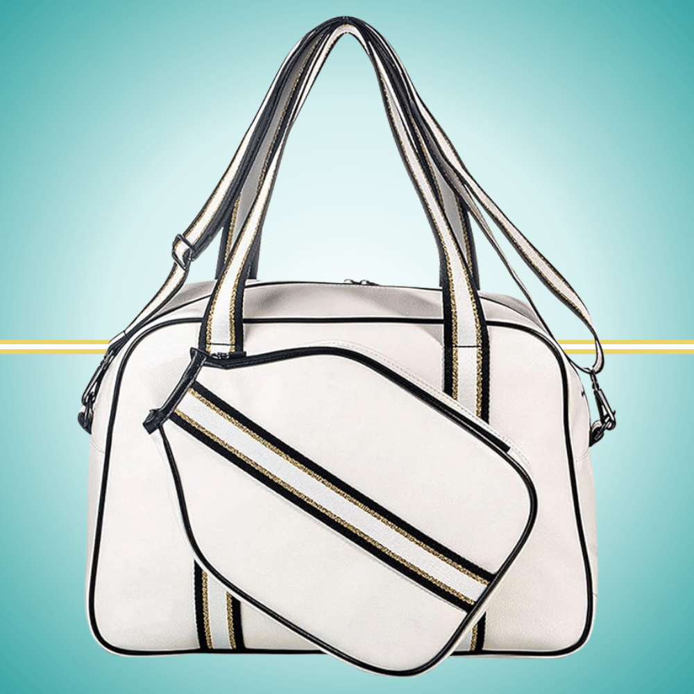 White pickleball tote bag for women with two-paddle storage case, shown from front view