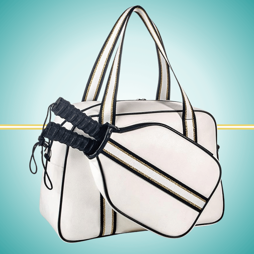 White pickleball tote bag for women with two-paddle storage case, shown from front view