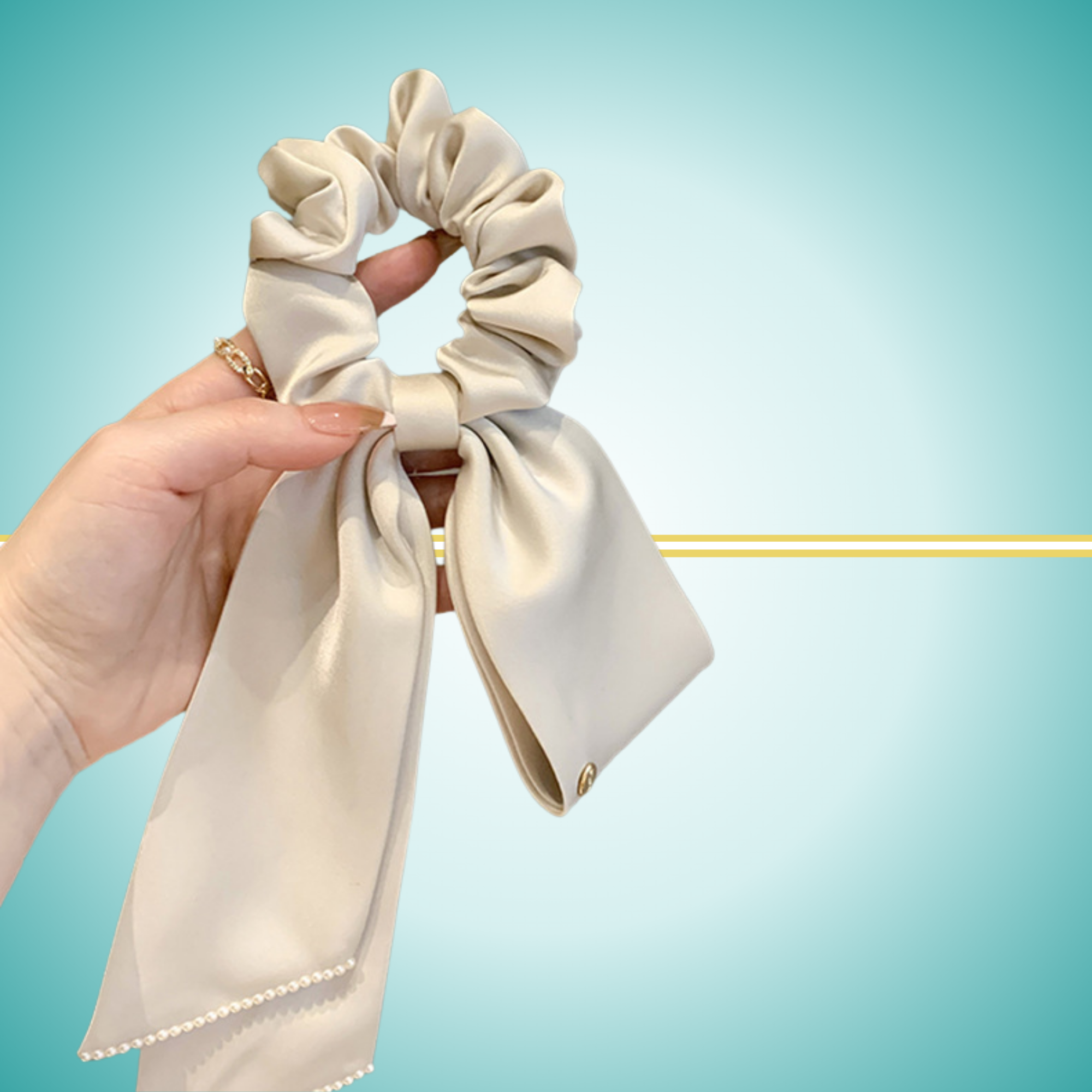Elegant satin bow streamer hair tie with strong elastic rubber band for secure ponytails white