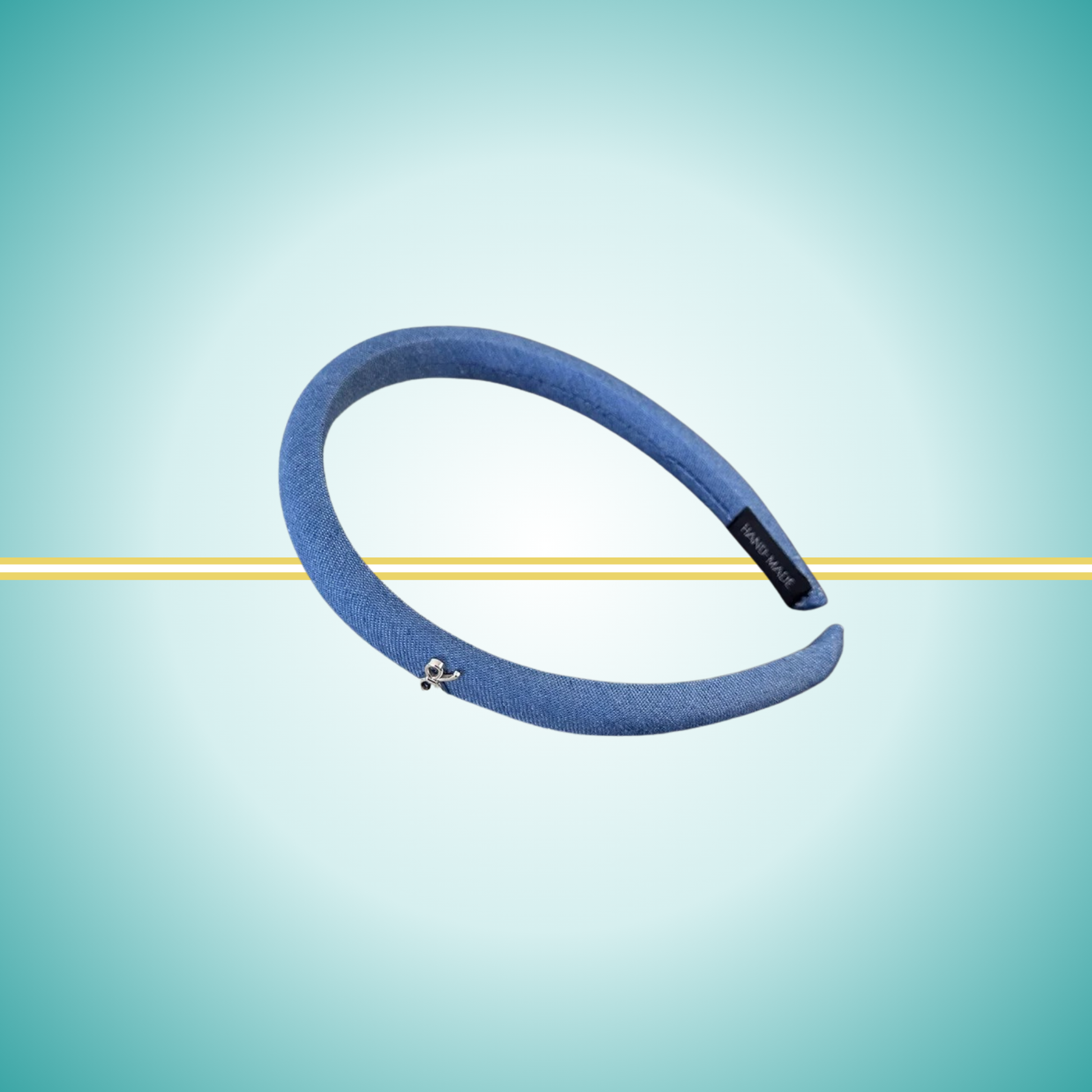 skinny headband for women baby blue denim with a tiny metal bow detail