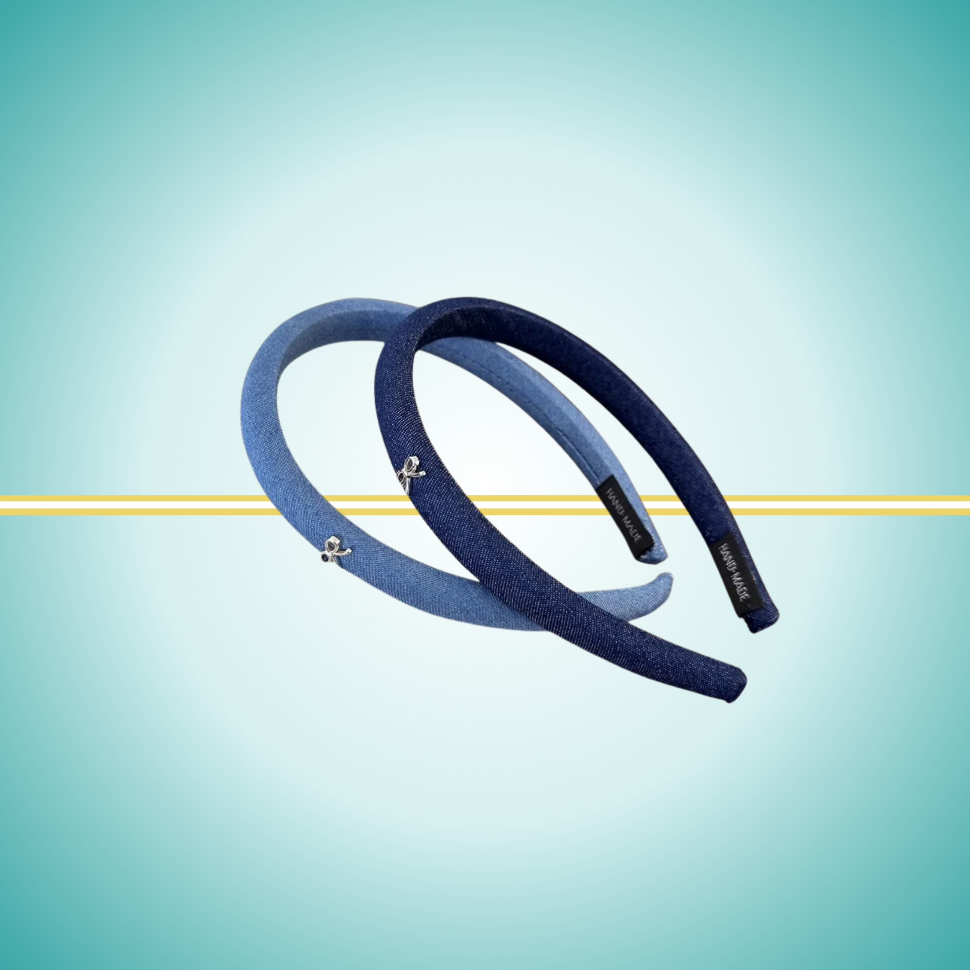 skinny headband for women navy denim with a tiny metal bow detail