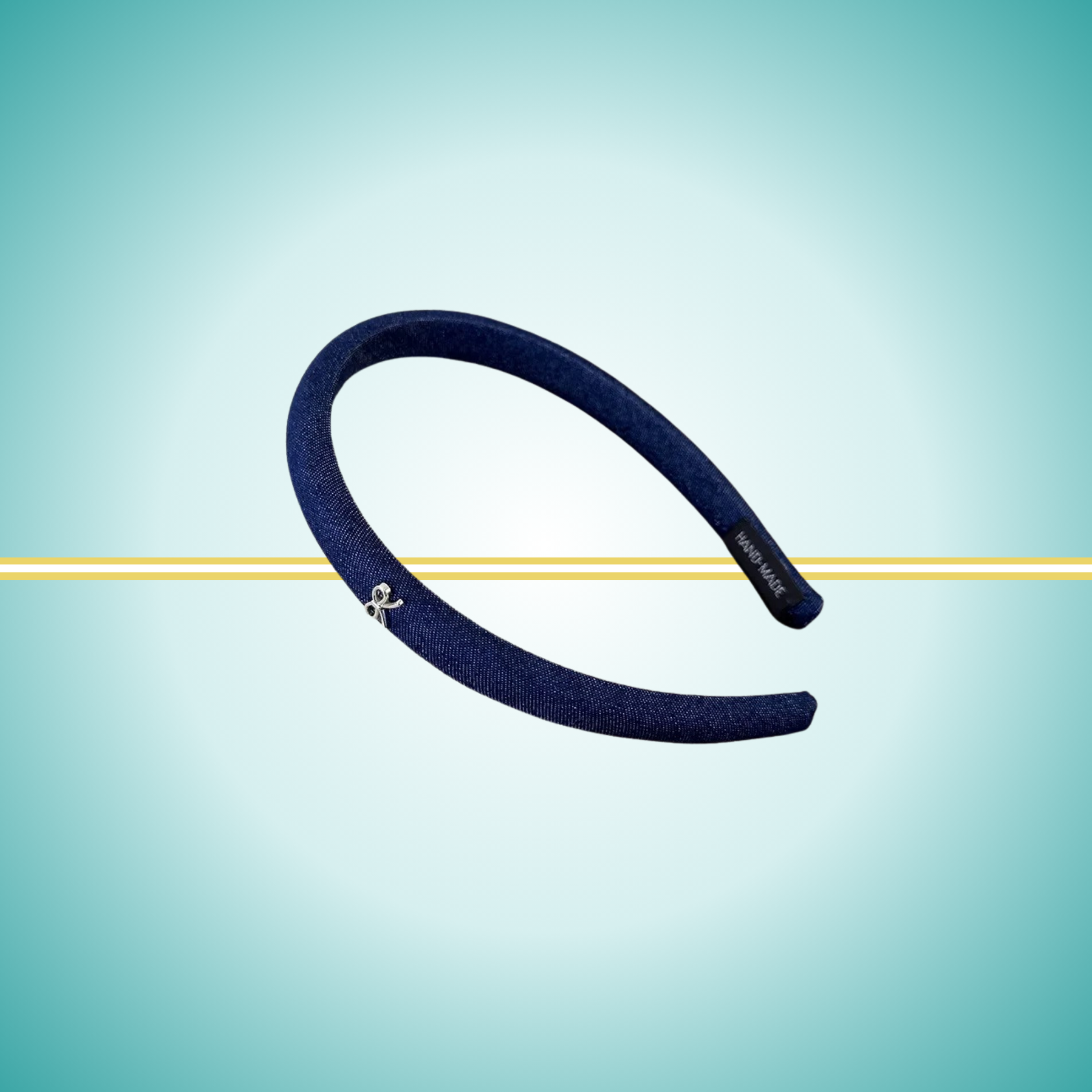 skinny headband for women navy denim with a tiny metal bow detail
