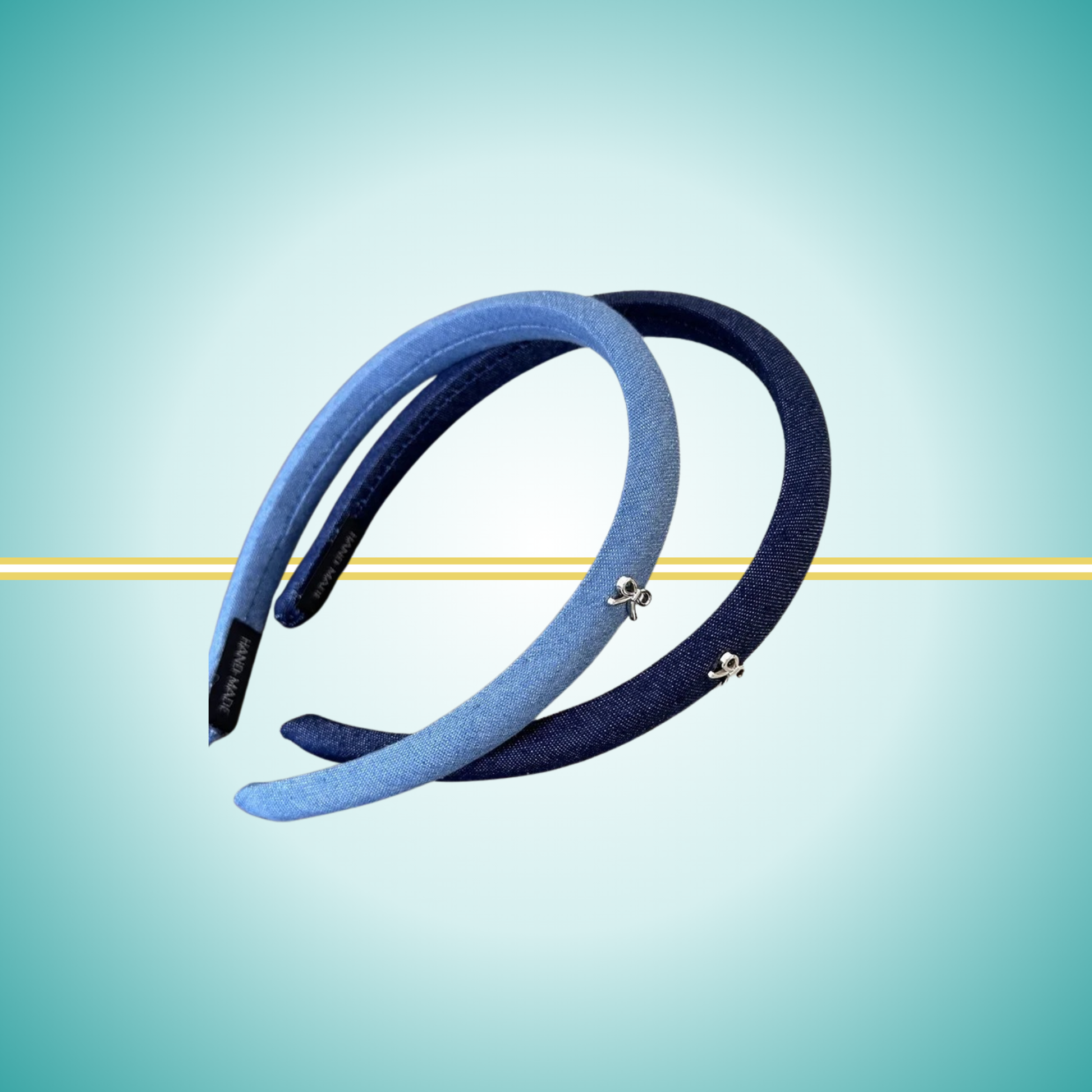 skinny headband for women navy denim with a tiny metal bow detail