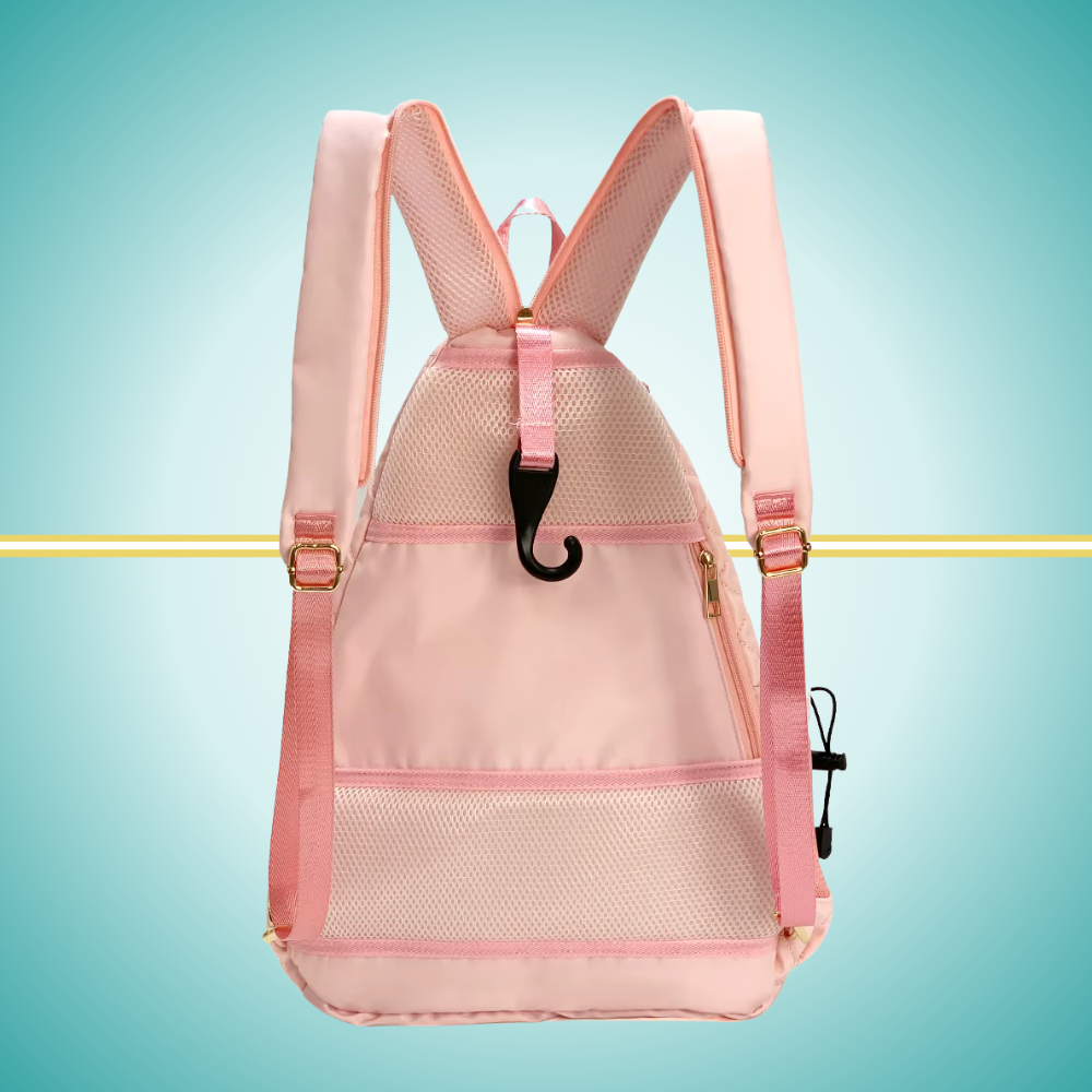 Pink puffer tennis convertible backpack for women with zipper transformation system - easily converts to sling bag while maintaining two-racket storage capacity