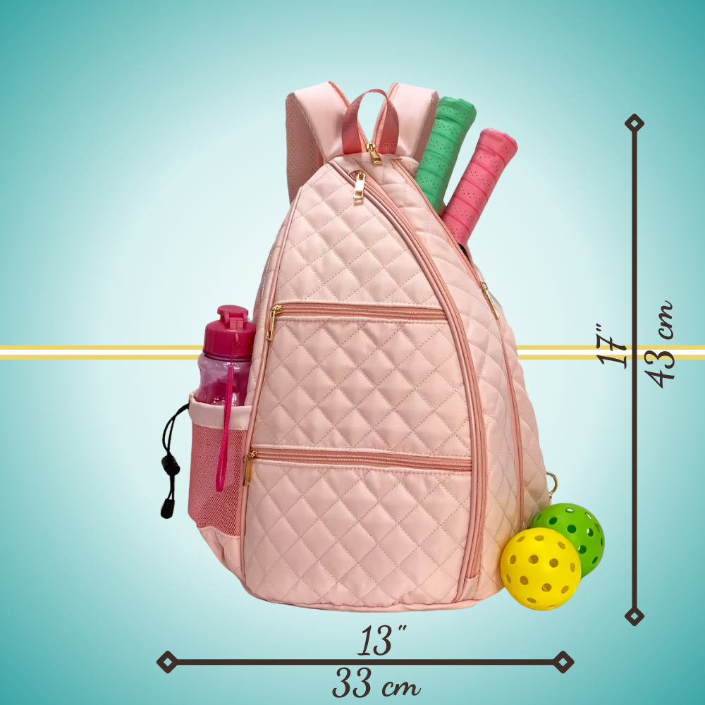 Pink puffer tennis convertible backpack for women with zipper transformation system - easily converts to sling bag while maintaining two-racket storage capacity