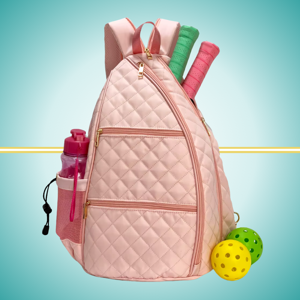 Puffer tennis convertible backpack for women with zipper transformation system - easily converts to sling bag while maintaining two-racket storage capacity pink