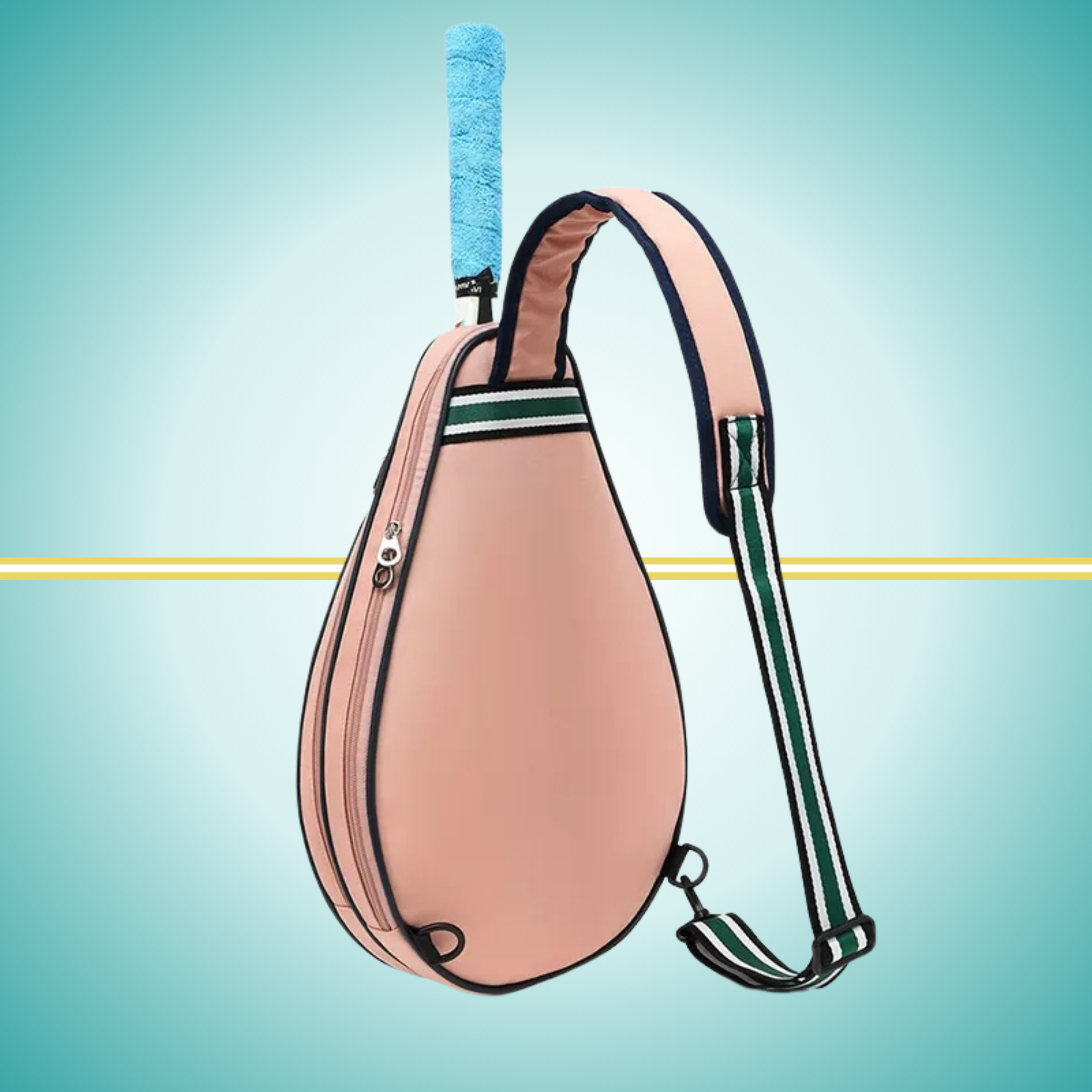 Vintage pink tennis sling bag with attached racket cover case on the front, shown displaying crossbody carrying strap and protective compartment