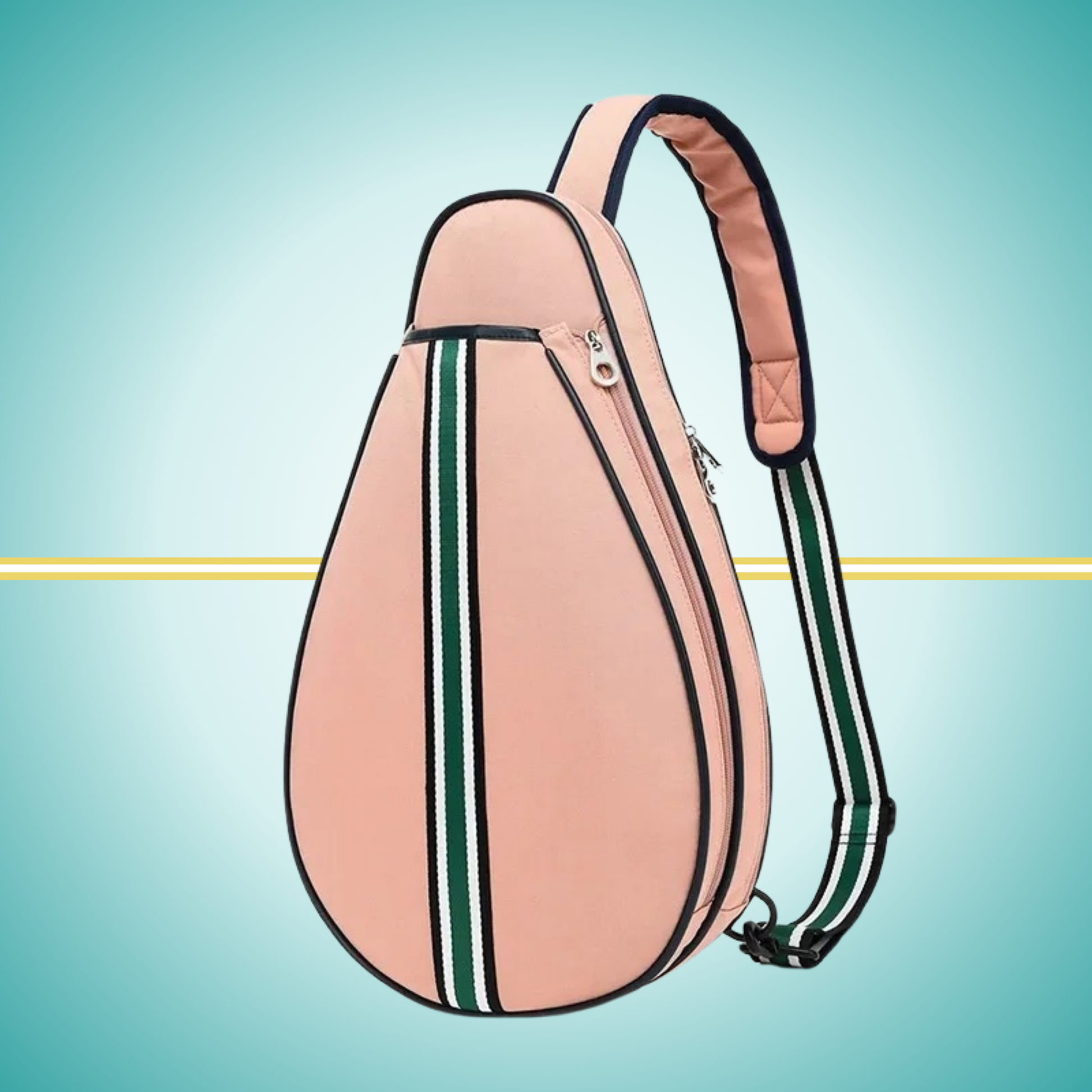 Vintage pink tennis sling bag with attached racket cover case on the front, shown displaying crossbody carrying strap and protective compartment